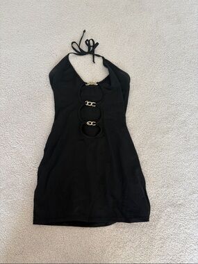 Black Halter Mini Dress with Gold Ring Details